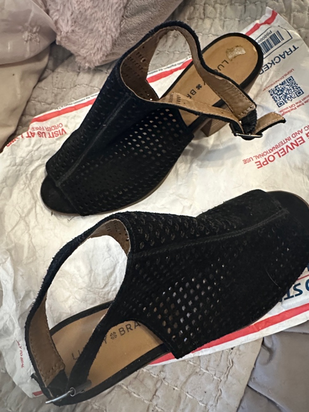 Lucky Brand Black Perforated Suede Slingback Mules